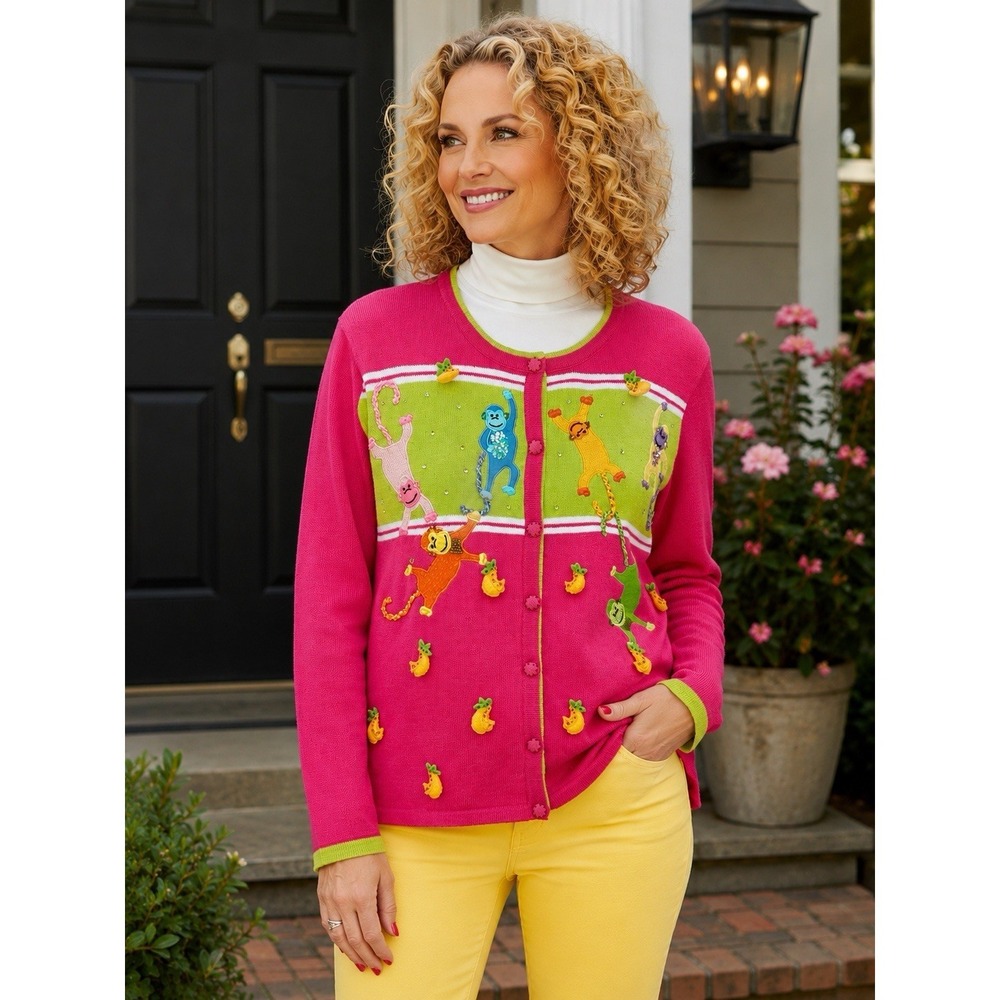 Vintage Just B Women's Monkey Banana Applique Sequin Cardigan Sweater Pink  M